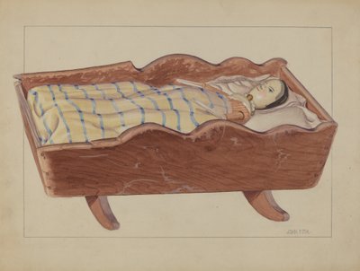 Culla tedesca della Pennsylvania con bambola e coperta da John Fisk
