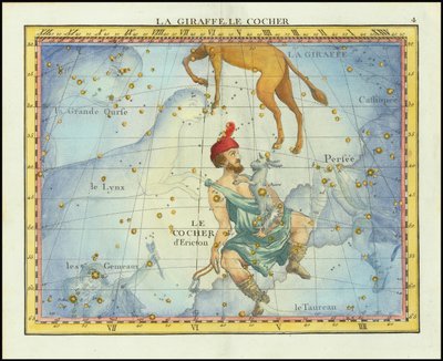 Carta stellare del 1776 delle costellazioni di Camelopardal e Auriga e delle costellazioni vicine, da Atlas Celeste de Flamsteed di Fortin da John Flamsteed