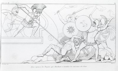 Aiace respinge i Troiani che cercano di bruciare le navi greche. Disegno di John Flaxman. Iliade di Omero. Canto XV. da John Flaxman
