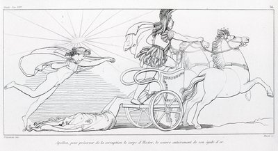Apollo, dio del Sole, per preservare il corpo di Ettore lo copre interamente con la sua egida dorata. Canto XXIV. Disegno di John Flaxman. Iliade di Omero da John Flaxman