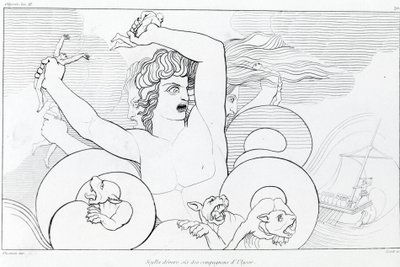 Episodio di Cariddi e Scilla: sei compagni di Ulisse vengono divorati. Disegno di John Flaxman (1755 - 1826). Odissea di Omero. Canto XII da John Flaxman