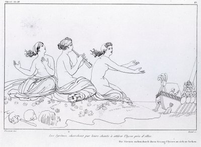 Le sirene cercano con il loro canto di attirare Ulisse. Disegno di John Flaxman (1755 - 1826). Odissea di Omero. Canto XII da John Flaxman