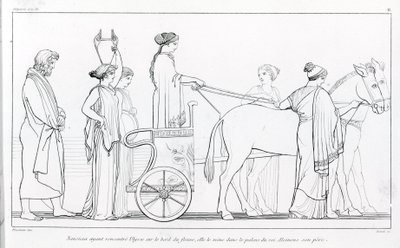 Nausicaa, che ha appena incontrato Ulisse, lo porta al palazzo di suo padre, il re Alcinoo. Disegno di John Flaxman (1755 - 1826). Odissea di Omero. Canto VI da John Flaxman