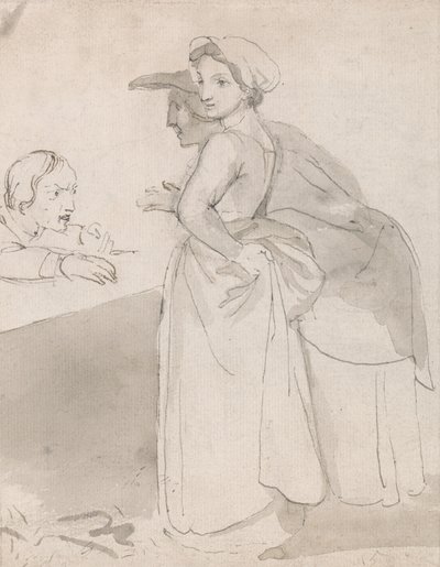 Due donne che parlano con un uomo al bancone da John Flaxman