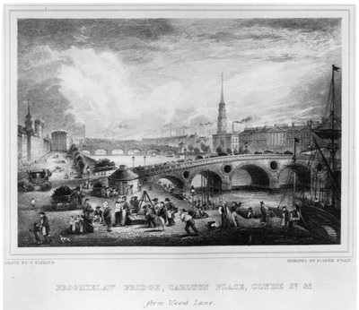 Ponte di Broomielaw, Carlton Place, Clyde St., Glasgow, inciso da Joseph Swan (incisione) da John Fleming