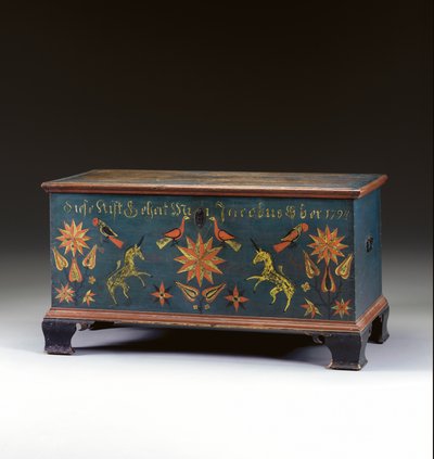 Cassapanca decorata con coperchio sollevabile realizzata per Jacob Ober, Rapho Township, Lancaster County, Pennsylvania, USA, 1794 da John Flory