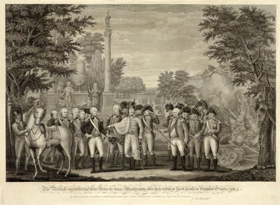 La resa delle armi britanniche al Gen. Washington dopo la loro sconfitta a York Town in Virginia ottobre 1781, pub. 1819 (incisione) da John Francis (after) Renault