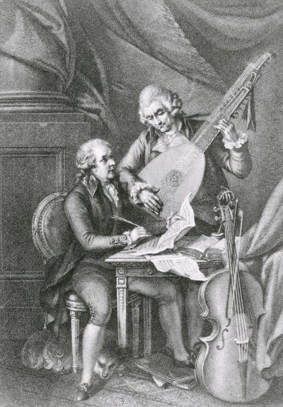 Ritratto di Franz Joseph Haydn e Wolfgang Amadeus Mozart che compongono musica per il liuto, inciso da Michele Benedetti da John Francis Rigaud