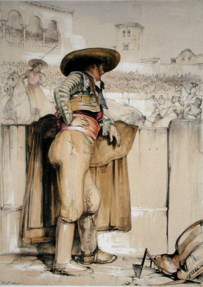 Un torero osserva da dietro la barricata, da 