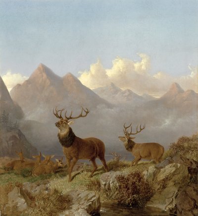 (dettaglio) Cervi e cerve in un paesaggio montano, 1864 da John Frederick Herring Junior