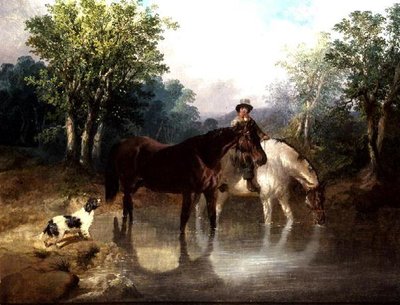 Due cavalli, un uomo e un cane vicino a un ruscello da John Frederick Herring Jnr