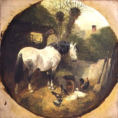 Un cavallo da tiro che mangia fieno da una carriola in un cortile della fattoria da John Frederick Herring Senior