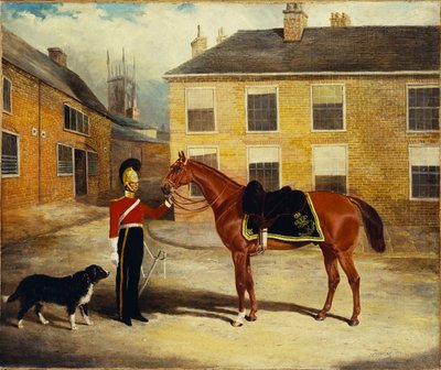 Un ufficiale delle Dragoon Guards, Carabinieri con il suo cavallo nel cortile della caserma da John Frederick Herring Senior