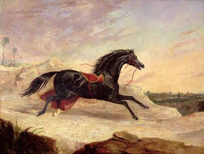 Arabi che inseguono un cavallo arabo sciolto in un paesaggio orientale da John Frederick Herring Senior