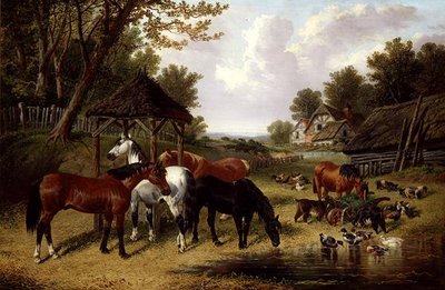 Cavalli vicino a uno stagno di fattoria da John Frederick Herring Senior