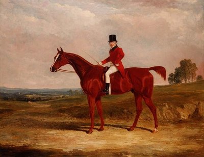 Sir Hugh Hamilton Mortimer, Maestro degli Old Surrey Foxhounds, su un cavallo castano in un ampio paesaggio da John Frederick Herring Senior