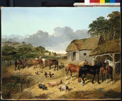 Cavalli che bevono da un abbeveratoio, con maiali e galline in un cortile da John Frederick Herring Junior