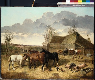 Cavalli che mangiano da una mangiatoia, con maiali e galline in un cortile da John Frederick Herring Junior