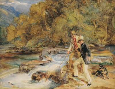 Sir Edwin Landseer, R.A. con un guardiacaccia che pesca salmoni, probabilmente sul fiume Dart, vicino a Holne, Devon da John Frederick Lewis