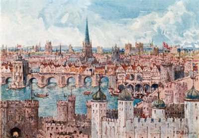 Il vecchio ponte di Londra nel 1386 (litografia a colori) da John Fulleylove