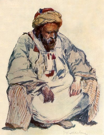 Figura seduta di pastore siriano con cappotto di pelle di pecora, 1902 da John Fulleylove