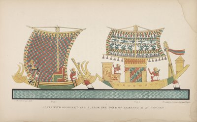 Barche con vele colorate, dalla tomba di Ramesse III a Tebe, illustrazione da "Usi e costumi degli antichi egizi..." da John Gardner Wilkinson