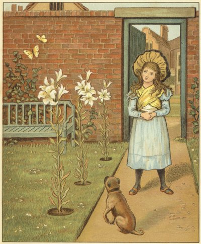 Ragazza in un giardino murato, accanto a gigli e al suo cane da John George (after) Sowerby