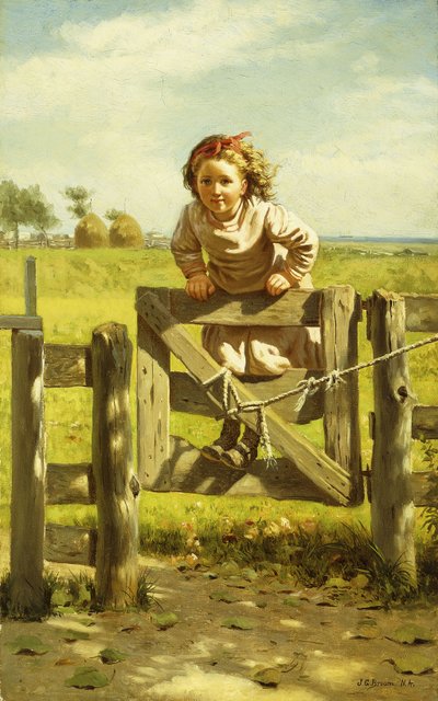 Giovane ragazza che dondola su un cancello da John George Brown