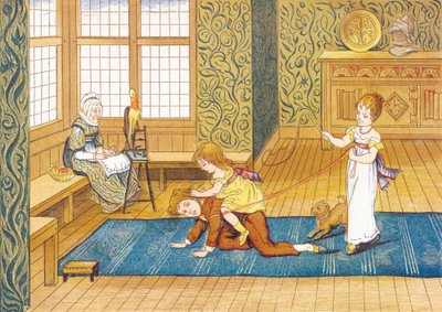 Tempo di gioco, tre bambini giocano, il più giovane cavalca la schiena del fratello, il più giovane cavalca la schiena del fratello, attaccato a una renna tenuta dalla sorella, in un soggiorno, vicino alla loro nonna che fila la lana - Estratto da Pomerigg da John George & Emmerson Henry Hetherington (1831 1895) Sowerby