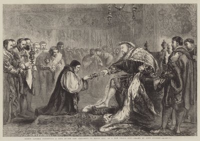 Il vescovo Latimer presenta una copia del Nuovo Testamento a Enrico VIII come regalo di Capodanno da John Gilbert