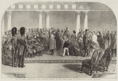 Sua Maestà ispeziona le Guardie Ferite nella Grande Sala di Buckingham Palace da John Gilbert