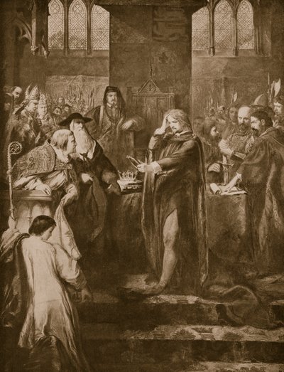 Re Riccardo II che abdica la corona al cugino Bolingbroke, illustrazione da 