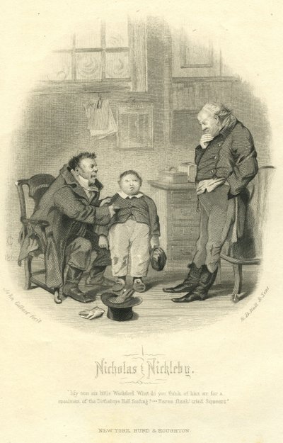 Nicholas Nickleby: Wackford Squeers e il giovane Wackford Squeers, inciso da H.B. Hall und Sons, 1867 da John Gilbert