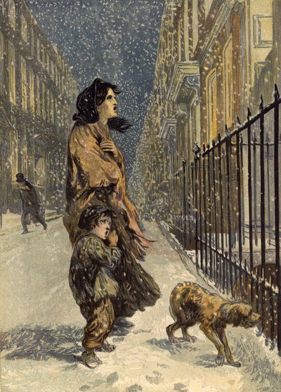 I poveri senza tetto, madre e figlio con cane nella neve da John Gilbert