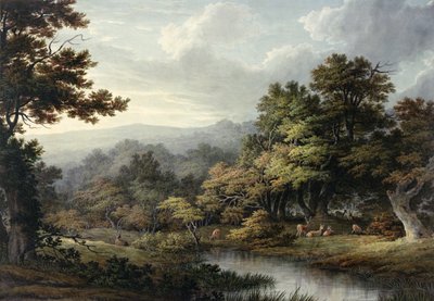 Radura nella foresta con piscina e cervi da John Glover