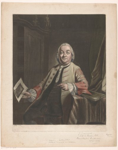 Ritratto di Simon Fokke con in mano la stampa del saccheggio della casa di Gerrit Hagedooren, 1751 da John Greenwood