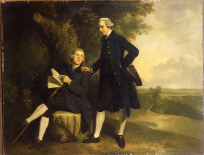 Doppio ritratto di Thomas Somers Cocks e Richard Cocks di Castleditch, entrambi a figura intera, il primo in un cappotto e gilet blu che tiene un tricorno nero, il secondo seduto in un cappotto e gilet blu che tiene un manoscritto, in un paesaggio da John Hamilton Mortimer