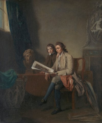 Ritratto di un uomo e un ragazzo che guardano stampe da John Hamilton Mortimer