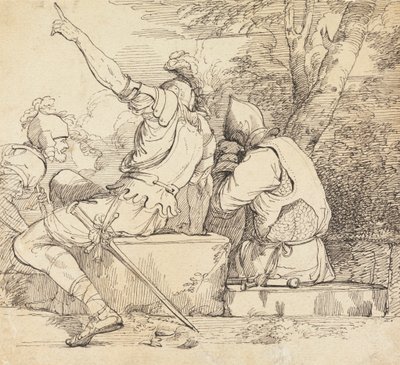 Tre soldati in armatura seduti su blocchi di pietra da John Hamilton Mortimer