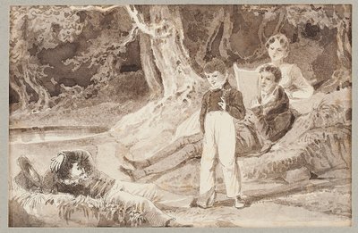 Quattro figure tra gli alberi in una giornata calda, 1807 da John Harden