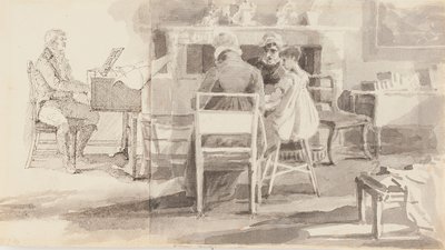 Uomo al pianoforte con tre altri seduti da John Harden