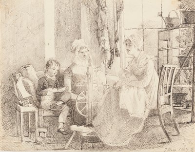 Donne alla ruota di filatura e un ragazzo con una barca giocattolo, 1807 da John Harden