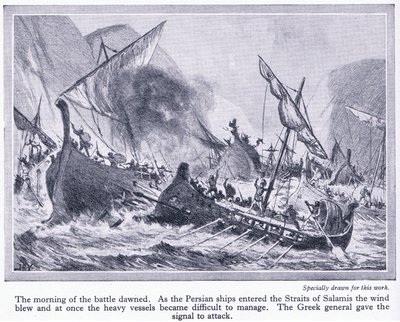Battaglia di Salamina: mentre le navi persiane entravano nello stretto di Salamina il vento soffiava e diventavano difficili da gestire, c.1950 da John Harris Valda