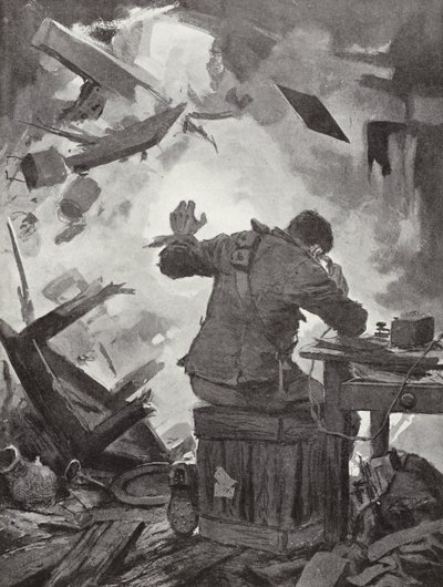 Bombardiere W H French che finisce il suo messaggio dopo che un proiettile era entrato nella stanza in cui stava telefonando, Helpegarde, Prima Guerra Mondiale da John Harris Valda