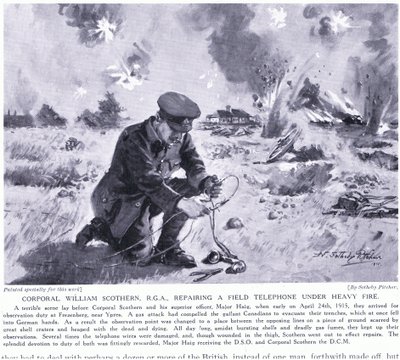 Il caporale William Scothern RGA che ripara un telefono da campo sotto pesante fuoco, premiato con DCM a Ypres, maggio 1915 da John Harris Valda