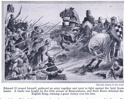 Edoardo II radunò un esercito e combatté una battaglia a Bannockburn nel 1314 d.C., dove Bruce sconfisse gli inglesi, c.1950 da John Harris Valda