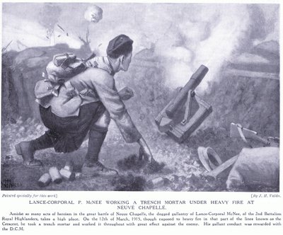 Caporale P McNee che lavora un mortaio da trincea sotto pesante fuoco a Neuve Chapelle da John Harris Valda