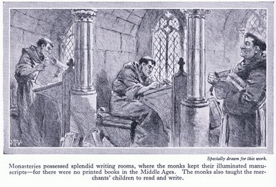 I monasteri avevano splendide sale di scrittura, dove i monaci conservavano manoscritti miniati, c.1950 da John Harris Valda