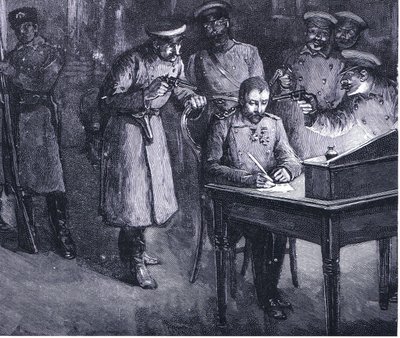 Il principe Alessandro firma la sua abdicazione 1886, illustrazione da La storia delle nazioni di Hutchinson VOL 4 c.1920s da John Harris Valda