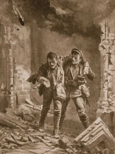 Il Soldato A.E. Walker che assiste un compagno ferito da una chiesa in fiamme usata come ospedale da John Harris Valda